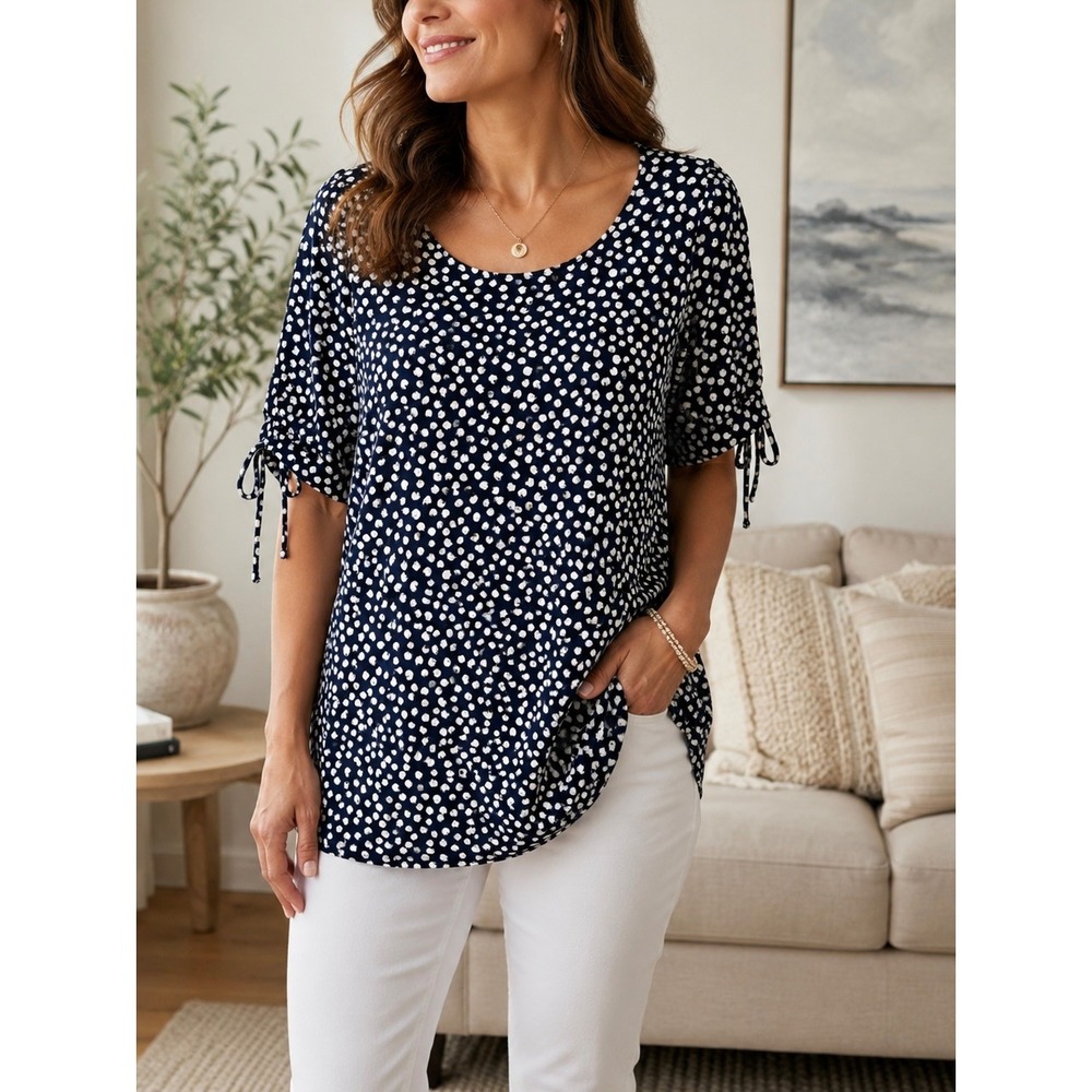 PerSeption Petite Navy Blue White Polka Dot Tie Sleeve Blouse Top PL